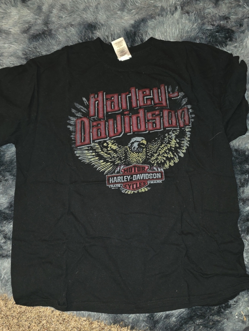 Harley-Davidson Black Tee with Red Logo and Gold Eagle Graphic